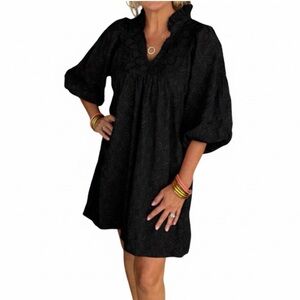 Black Textured V-Neck Dress
